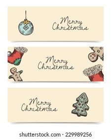 Christmas vector horizontal banners, vintage drawings style on parchment or brown paper
