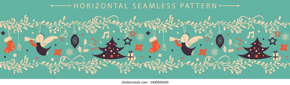 Christmas vector horizontal seamless border. Great for wallpaper, backgrounds, packaging, fabric, scrapbooking, and giftwrap projects.
