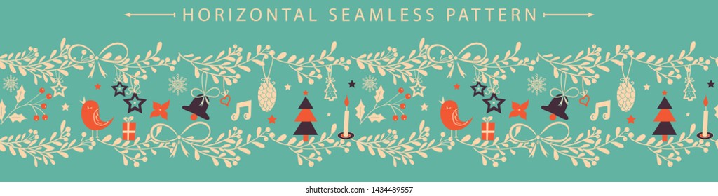 Christmas vector horizontal seamless border. Great for wallpaper, backgrounds, packaging, fabric, scrapbooking, and giftwrap projects.