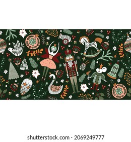 Christmas vector horizontal seamless border with Nutcracker and winter florals.  
