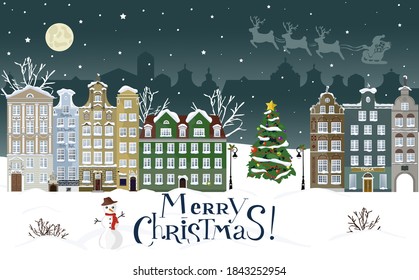 Christmas vector houses. Old town city panorama. Gdansk, Poland. 
Winter in Europe. Urban winter landscape. Snowy street. Christmas card Happy Holidays banner. New year 2026.