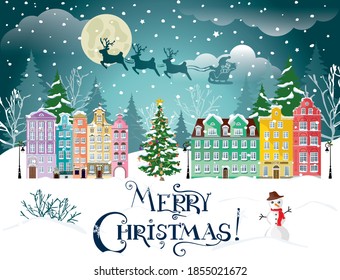 Christmas vector houses. Old town city panorama. Gdansk, Poland. 
Winter in Europe. Urban winter landscape. Snowy street. Christmas card Happy Holidays banner. New year 2026
