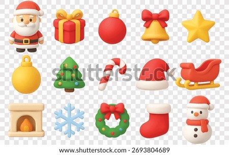 Christmas Vector Icon Set | 3D icon set | Santa Claus, gift box, ornaments, bell, star, Christmas tree, candy cane, Santa hat, sleigh,  fireplace, snowflake, wreath, stocking, snowman