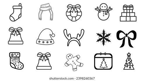 christmas vector icon set - cafe vector, christmas tree, sock, ball, garland, landscape, snowman, hat, wreath, star medal, doors, sailboat toy