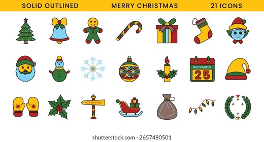 Conjunto de ícones de vetor de Natal. Colorido sólido delineado ícones para a época festiva, feriado, inverno e celebração de Natal