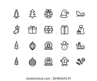 Christmas vector icon set containing christmas tree, wreath, decorations, snowman, stocking, gifts, present and more in adjustable line weight