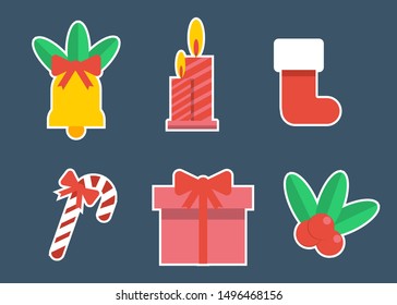 Christmas vector icon set flat design bell candle candy giftbox sticker on blue background