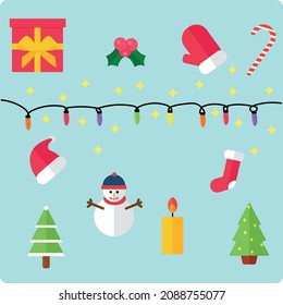 Christmas vector icon set. Flat style. Cute snowman, christmas trees, gift box, mistletoe, candle, santa hat, socks, christmas lights, sparkle