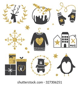 Christmas vector icon. Set of hipster design elements. Gold and gray.