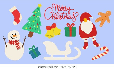 Christmas Vector Icon Set Illustration Merry Christmas, Christmas Tree, Bell, Snowman, Sleigh, Santa, Gift  #60