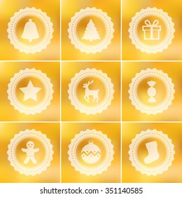 Christmas vector icon set with round badge design and colorful golden background. Winter theme holiday logo collection.