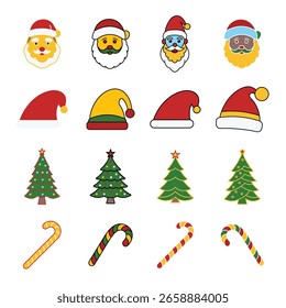 Christmas Vector Icon Set. Santa Faces, Holiday Hats, Christmas Trees, and Candy Canes in Flat Style