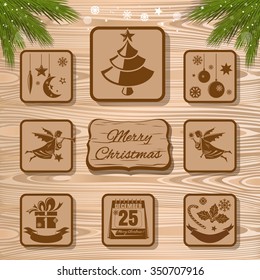 Christmas vector icons collection on a wooden background. Set 2.