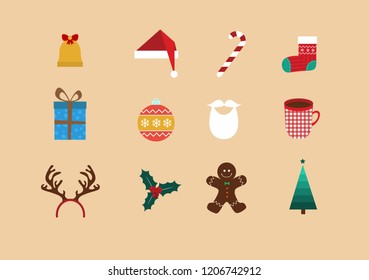 Christmas vector icons decoration Xmas Holidays present, santa, bell, candys cookie, food, tea, tree, mockup pictogram