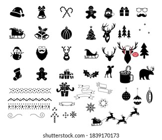 Christmas vector icons and elements set. Silhouette files for cricut bundle woth santa, christmas tree, deer, socks and so on. Holiday symbols for Xmas decor designs. Stock illustration