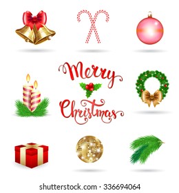 Christmas vector icons set. Christmas bell, Christmas ball, Christmas letter, Christmas wreath, Christmas Gift, Christmas Decoration symbols. 2016 New Year icons