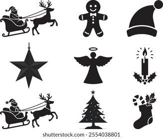 Christmas Vector Icons Set - Santa, Reindeer, Gingerbread, Angel, Candle, Tree, Stocking