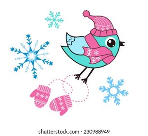 Christmas vector illustation. The cartoon birdie in a hat and a scarf bears mittens. 
