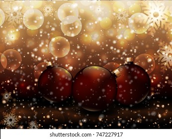 Christmas vector illustration with balls snowflakes glowing gold bokeh background shiny snow