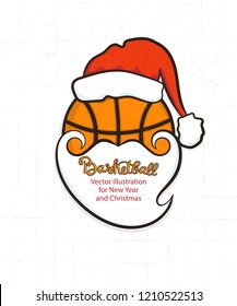 Christmas vector illustration for basketball. Santa Claus ball on a white textural background. Element for greeting card, print shirt. New year design for sport, cartoon style. EPS file is layered.