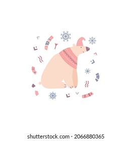 Ilustración vectorial de Navidad. Un oso con una bufanda sobre un fondo de copos de nieve y elementos de adorno popular. Adecuado para tarjetas, invitaciones, saludos y otros