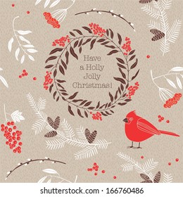 Christmas vector illustration - bird with ash-berries. 