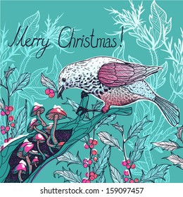 Christmas vector illustration of a bird with holly berries