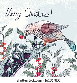 Christmas vector illustration of a bird with holly berries