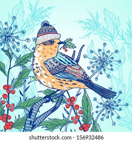 Christmas vector illustration of a bird with red holly berries