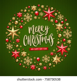 Christmas vector illustration - Brush calligraphy holiday greeting and Christmas decoration on a knitting green background.