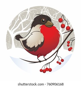 Christmas vector illustration - bullfinch on rowan branch.