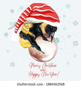 Christmas vector illustration bumble bee holding bauble, fashion concept