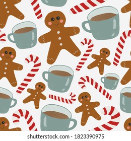 Christmas vector illustration with Christmas candy canes, gingerbread man and mug of hot drink. Merry Christmas and Happy Holidays. Can be used for wrapping paper for greeting cards