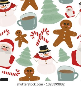 Christmas vector illustration with Christmas candy canes, gingerbread man, Santa Claus, snowman and mug of hot drink. Christmas pattern can be used for wrapping paper for greeting cards