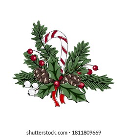 Christmas vector illustration. Caramel cane with red and white berries, fir cones, fir branches, bow. Beautiful design for printing greeting card, invitation, poster, tag, label, gift decoration