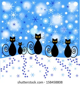 christmas vector illustration cartoon of cats and snow