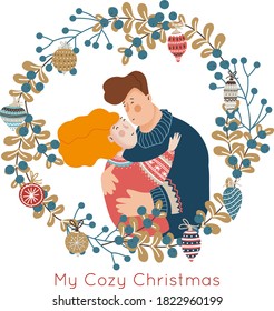Christmas vector illustration of cartoon people characters in wreath
