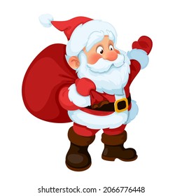 Christmas vector illustration. Cartoon Santa Claus with a big bag of gifts in his hand. Element for Christmas and New Year cards, banners, tags and website decorations.