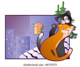 christmas vector illustration of cats sitting on roof watching snow