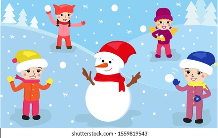 Christmas vector illustration of children have fun playing with snow and snowman. Two girls and two boys in colored clothes and hats