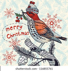 Christmas vector illustration of a colored winter bird