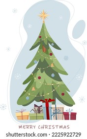 Weihnachts-Vektorgrafik besteht aus einem Weihnachtsbaum, Weihnachtsbaumdekorationen, Geschenken und Schneeflocken. Silvester, Weihnachtsanschauung für Karten, Einladungen, Drucke.