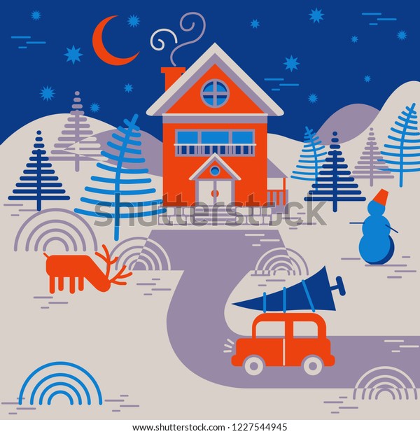 Christmas vector illustration cozy winter\
landscape with a house, a car, a deer, and a snowman. New Year\'s\
card with a\
landscape.