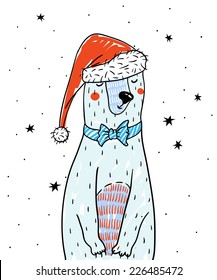 Christmas vector illustration of a cute bear in a red Santa hat