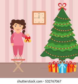 Christmas vector illustration. Cute beautiful girl standing on a chair near the Christmas Tree. Room interior in flat style.