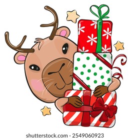 Christmas Vetor ilustração bonito desenho animado Capybara com presentes isolados em um fundo branco
