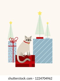 Christmas vector illustration with cute cat. Winter holiday card.