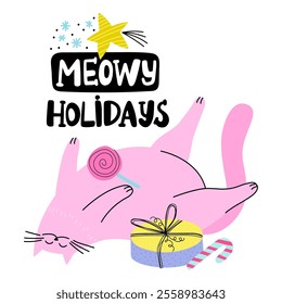 Christmas vector  illustration of cute cat and lettering isolated on white background. Greeting card or poster. 