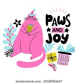 Christmas vector  illustration of cute cat and lettering isolated on white background. Greeting card or poster. 