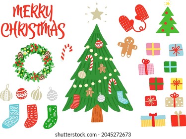 Christmas vector illustration, cute hand drawn illustration set